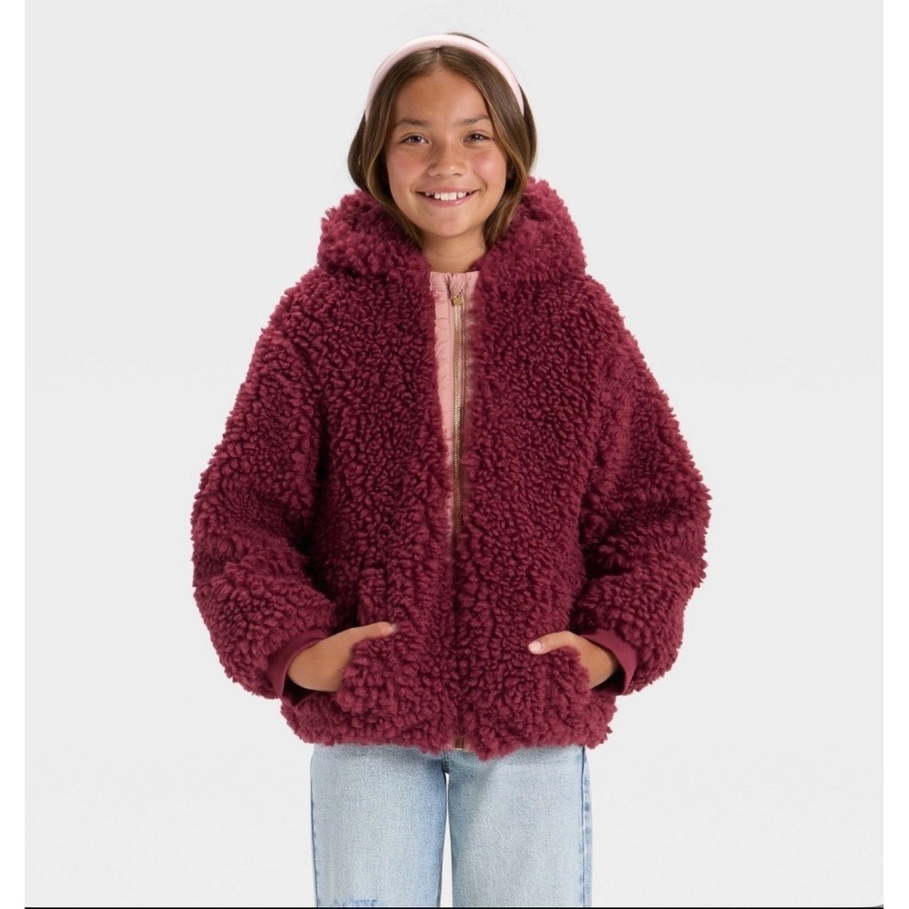 Art Class Girls Faux Shearling Hooded Jacket Maroon Red Size L 10-12 NEW